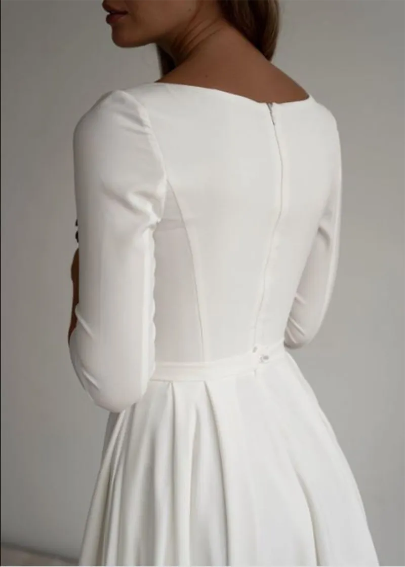 Wedding Dress For Women 3/4 Long Sleeves A Line Crepe Boat Neck Bridal Dresses