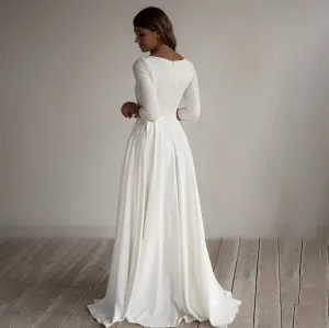 Wedding Dress For Women 3/4 Long Sleeves A Line Crepe Boat Neck Bridal Dresses