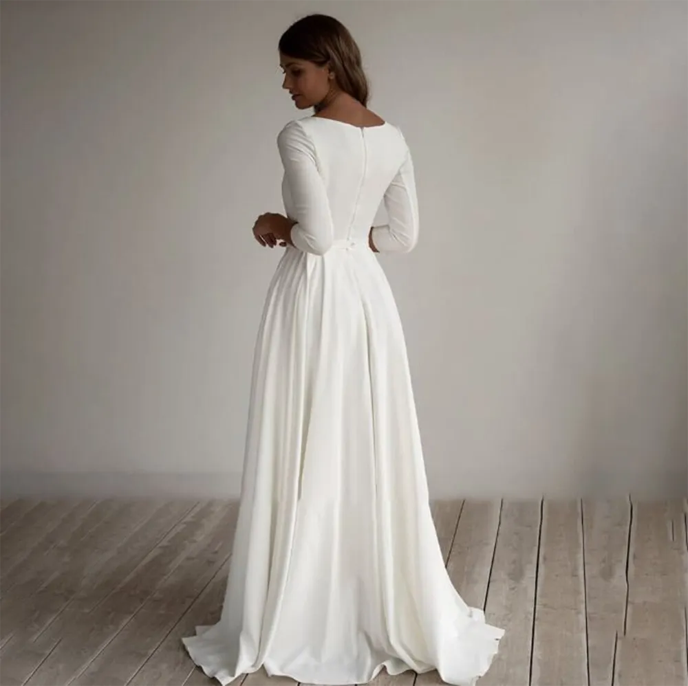 Wedding Dress For Women 3/4 Long Sleeves A Line Crepe Boat Neck Bridal Dresses