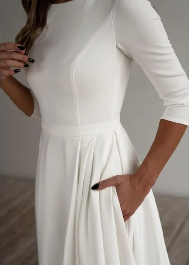 Wedding Dress For Women 3/4 Long Sleeves A Line Crepe Boat Neck Bridal Dresses