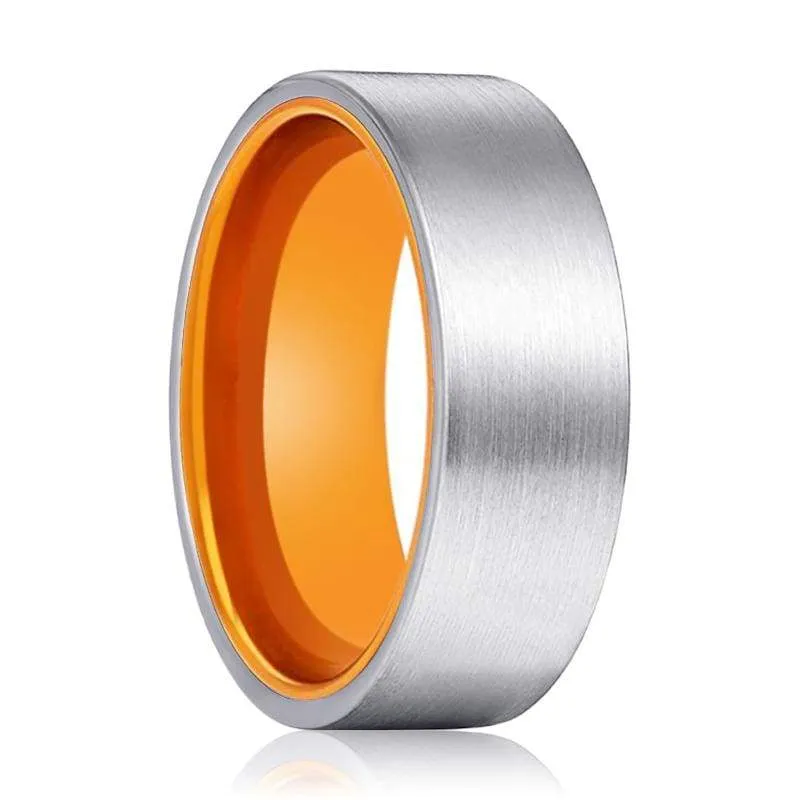 Welch Flat Brushed Men's Tungsten Carbide Wedding Band Orange Inner - 8mm