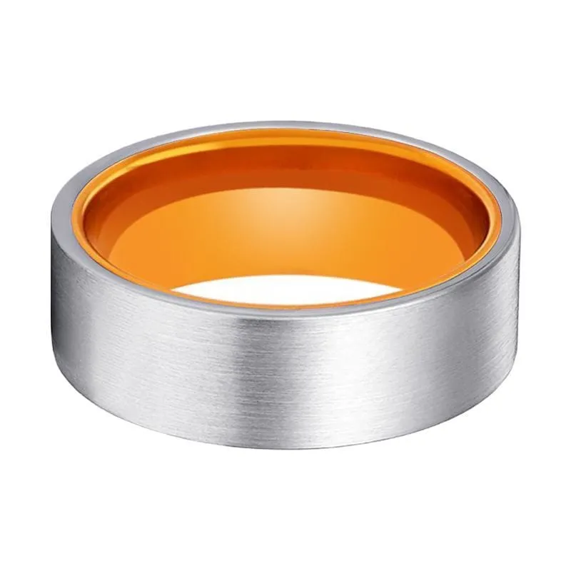 Welch Flat Brushed Men's Tungsten Carbide Wedding Band Orange Inner - 8mm