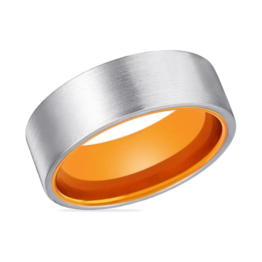 Welch Flat Brushed Men's Tungsten Carbide Wedding Band Orange Inner - 8mm