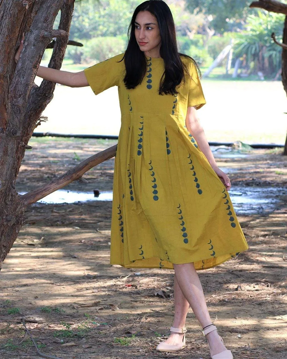 Yellow Eclipse Blockprinted Cotton Pleated Dress