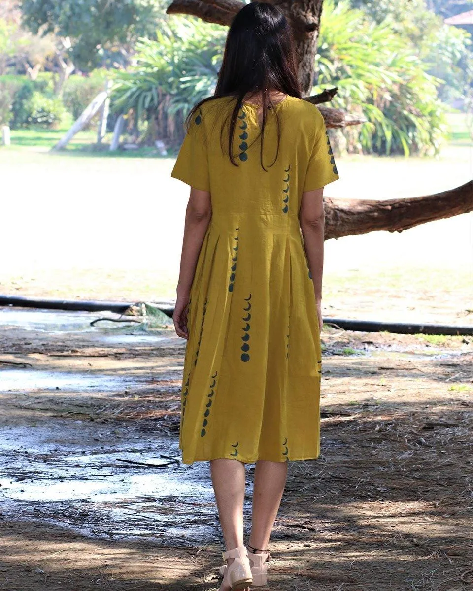 Yellow Eclipse Blockprinted Cotton Pleated Dress