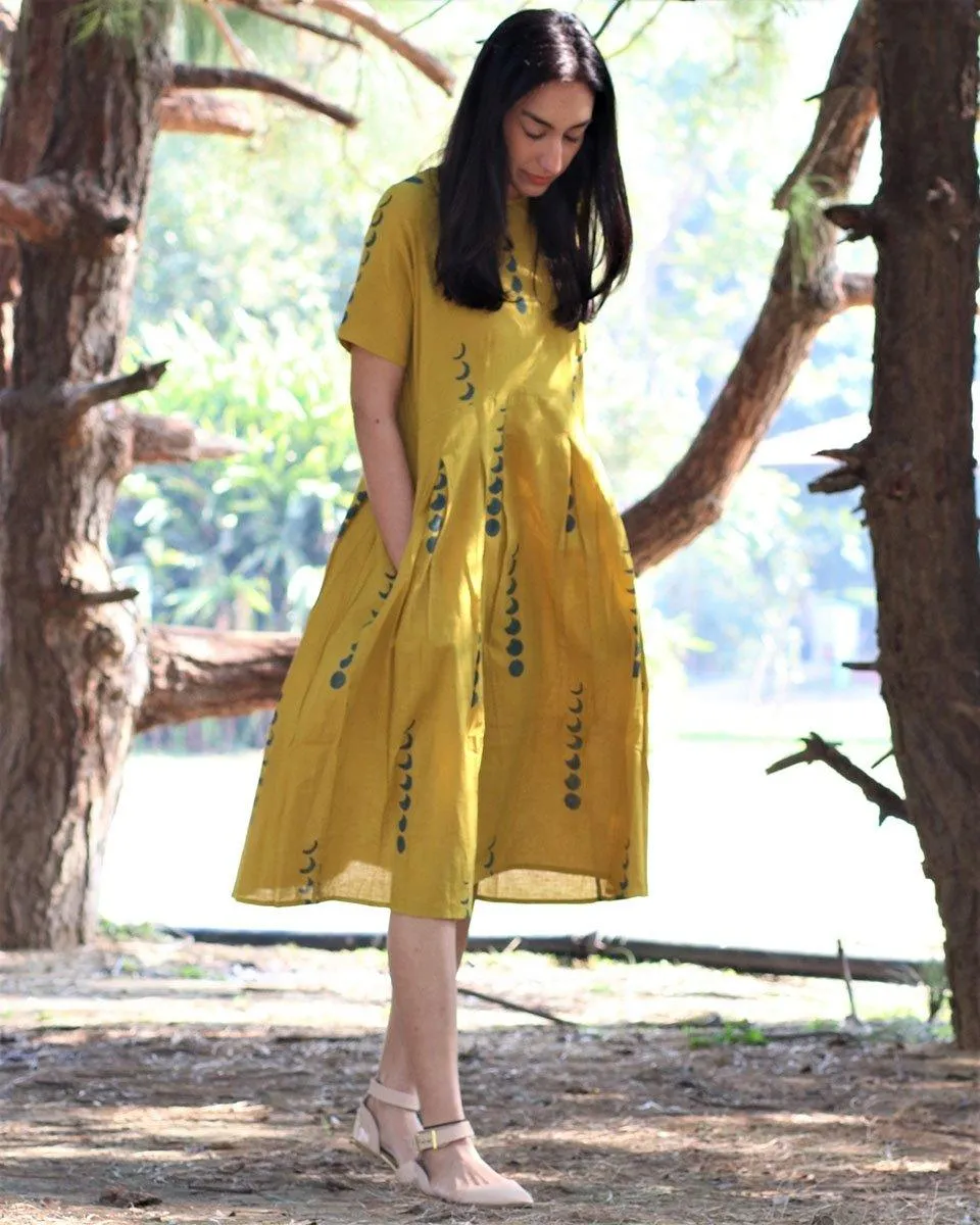 Yellow Eclipse Blockprinted Cotton Pleated Dress