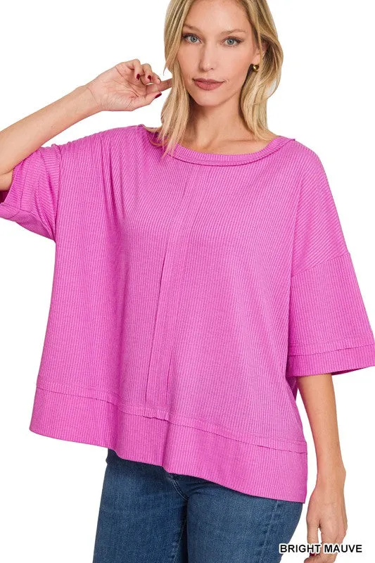 ZENANA Ribbed Boat Neck Dolman Sleeve Top w/ Front Seam
