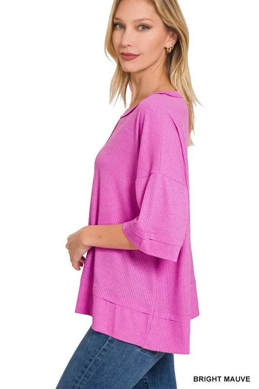 ZENANA Ribbed Boat Neck Dolman Sleeve Top w/ Front Seam