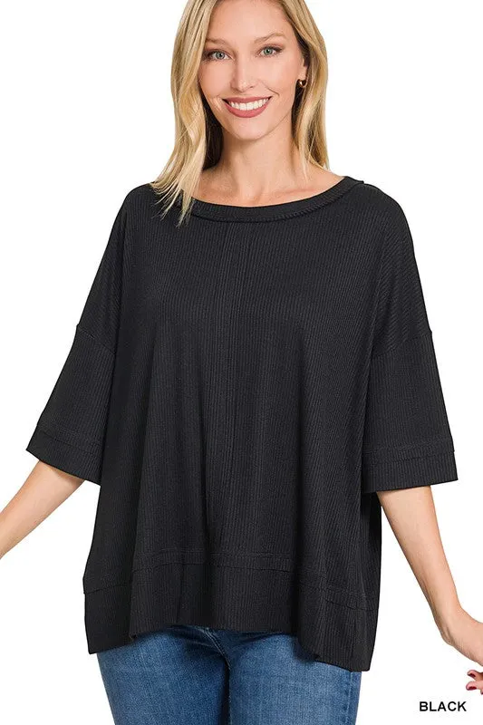 ZENANA Ribbed Boat Neck Dolman Sleeve Top w/ Front Seam