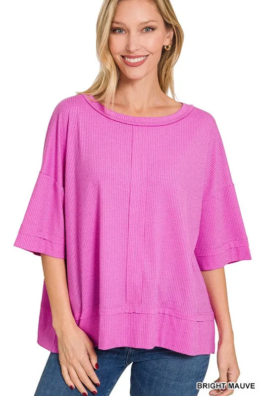 ZENANA Ribbed Boat Neck Dolman Sleeve Top w/ Front Seam